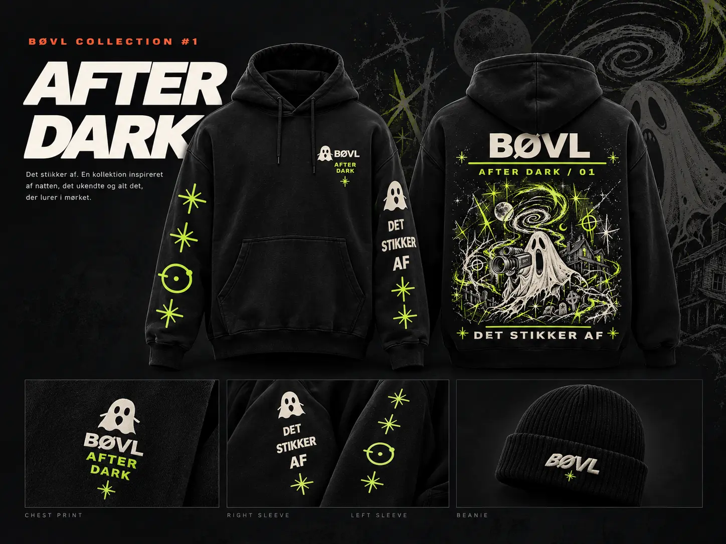 Produktvisualisering af hoodie, hue og trykdetaljer til BØVL-kollektionen AFTER DARK