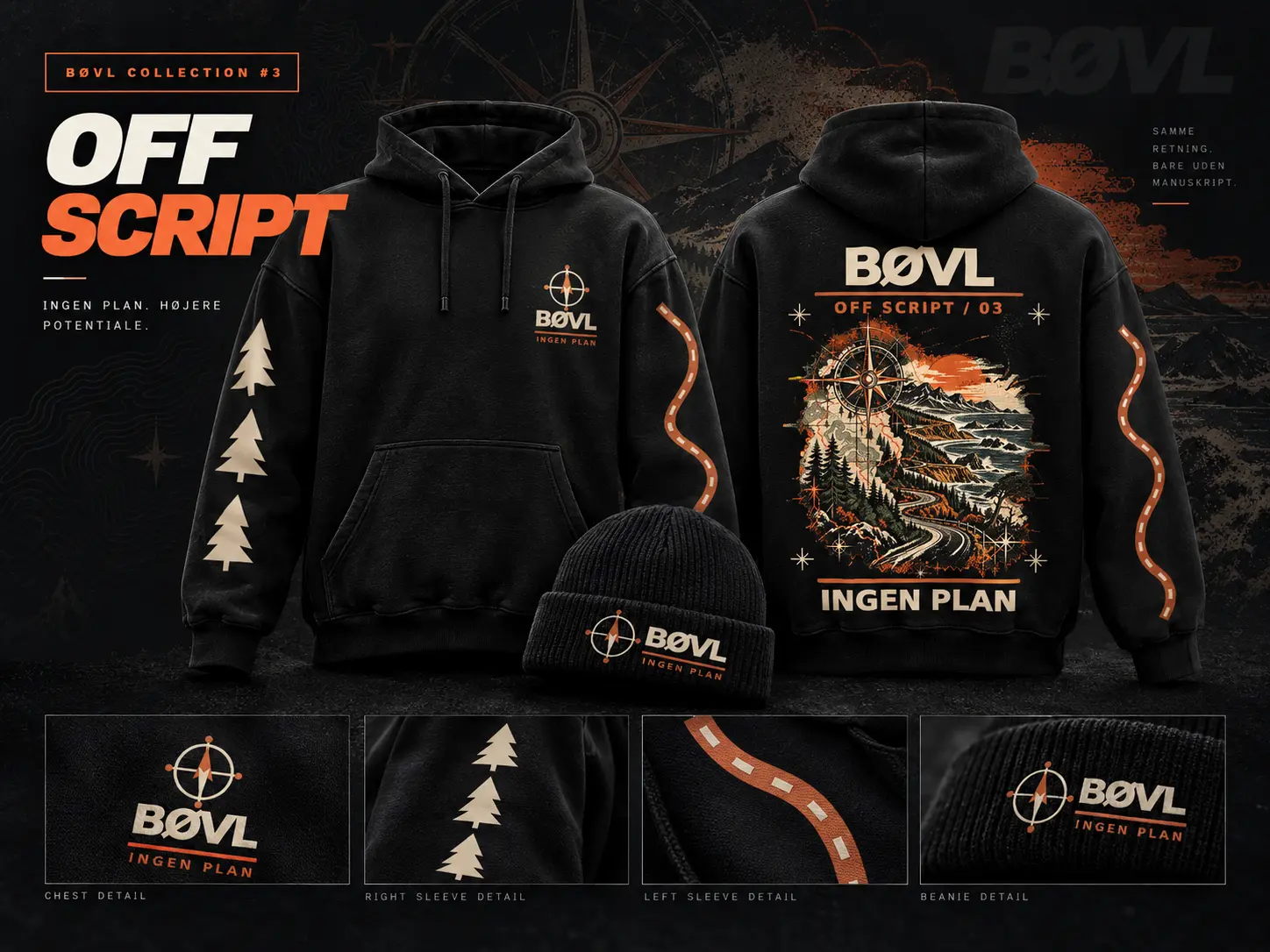 Produktvisualisering af hoodie, hue og trykdetaljer til BØVL-kollektionen OFF SCRIPT