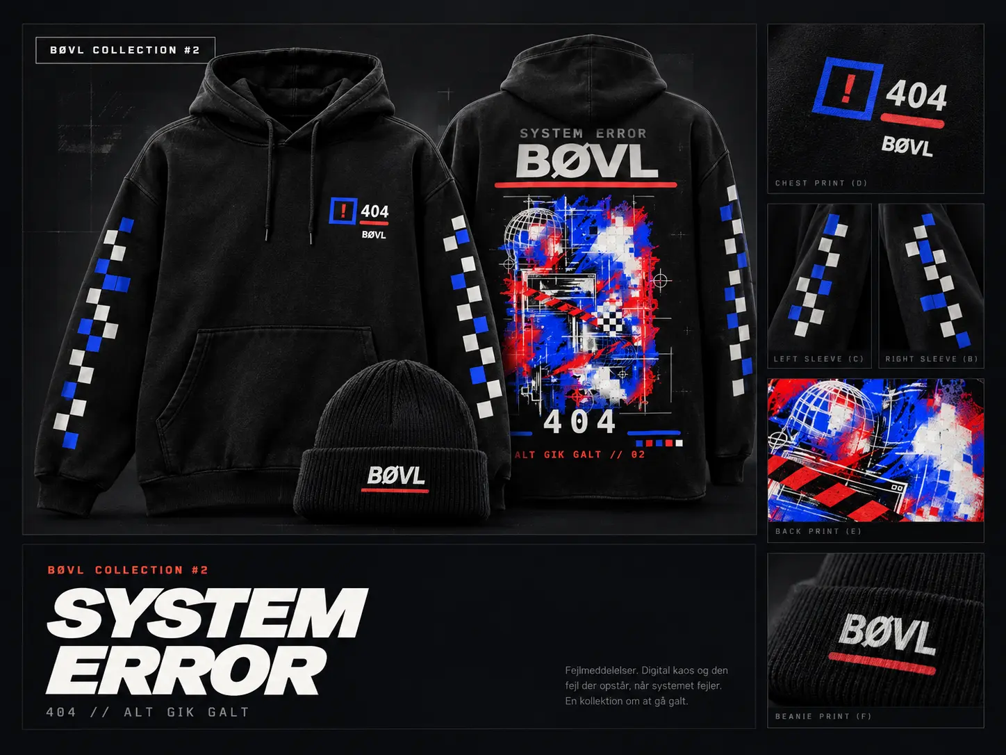 Produktvisualisering af hoodie, hue og trykdetaljer til BØVL-kollektionen SYSTEM ERROR
